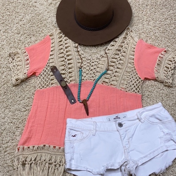 Kori Peach Bohemian Crochet Lace Fringe Top Swim Coverup Dress Gauzy Sz S - Picture 3 of 11